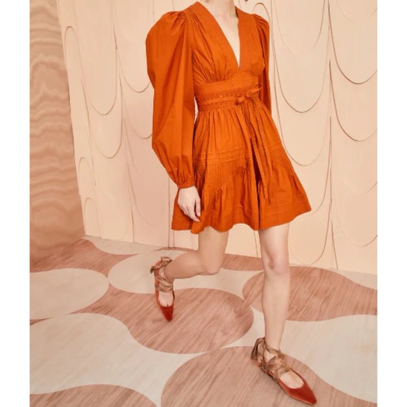 Ulla Johnson Rosalind Saffron Burnt Orange Long Puff Sleeves Mini Dress Size 10 - Picture 14 of 14